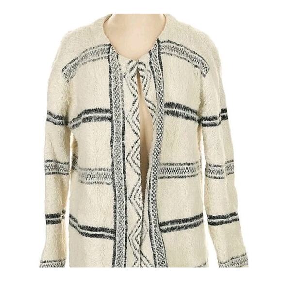 Anthropologie Solitaire Cream Striped Fuzzy Long Cardigan Sweater Size M Chunky - Picture 3 of 5